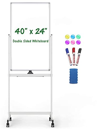 Mobile Rolling Whiteboard 101,6 x 61 cm, 360° wendbar, doppelseitig, magnetisch, Whiteboard, trocken abwischbar, auf Rollen, tragbar, mit Ständer