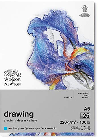 Winsor & Newton 6689746 Zeichenpapier im Block - 25 Blatt A5, 220g/m², mittlere Körnung, natürliches Weiß, säurefrei, Alterungsbeständig, Ideal für Bleistift, Buntstift, Pastell und Kohle