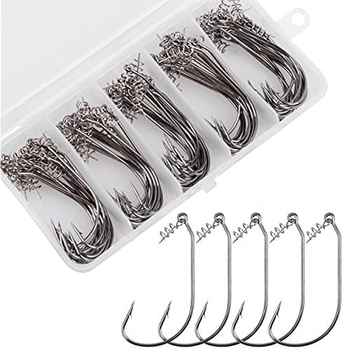 Twist Lock Fishing Hooks - 50pcs/box Worm Hooks with Centering Spring Pin Fishing Hook for Soft Plastic Worm Lure Baits