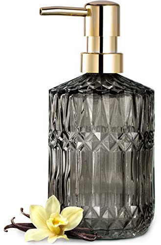 EMPO Distributeur de Savon en Verre Transparent avec Pompe en Plastique ABS, Distributeur de Lotion pour Cuisine, Salle de Bain (Gris)