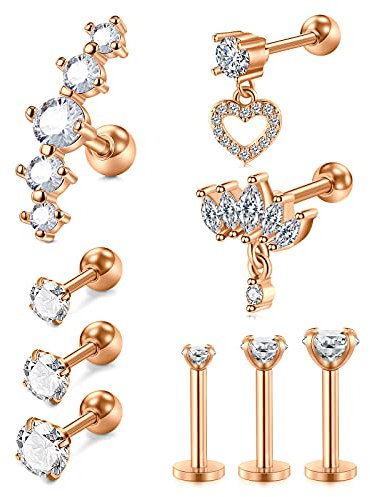 AVYRING 9 Stück Knorpel Ohrpiercing Stud Ohrstecker CZ Diamod Chirurgenstahl 16G Tragus Helix Piercing Ohrringe Rosegold