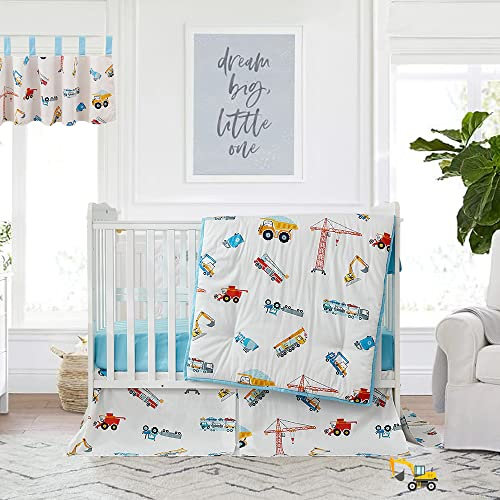 Brandream Babybett-Bettwäsche-Set für Jungen, LKW, Baufahrzeug, Auto, Kinderzimmer, 6-teilig, 100 % atmungsaktive Baumwolle, Blau / Weiß