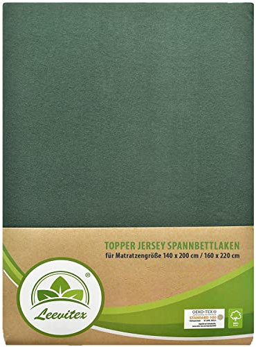 leevitex Premium Topper Boxspringbett Spannbettlaken | 100% Mako-Jersey-Baumwolle | ÖKO-TEX | 170g/m² | 140 x 200-160 x 220 | Dunkelgrün | 18 cm Steg