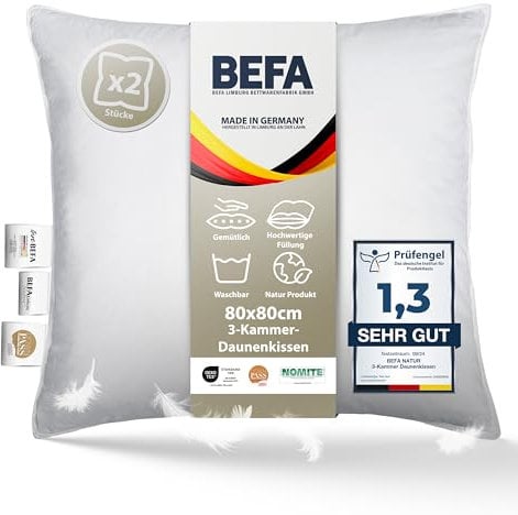 BEFA NATUR Daunenkissen 80x80 cm | 3-Kammer Kopfkissen | 90% Daunen & 10% Federkissen | Allergiker geeignet (NOMITE) | Tierwohl Zertifiziert (DOWNPASS) | Oeko-TEX Klasse 1 | Made in Germany