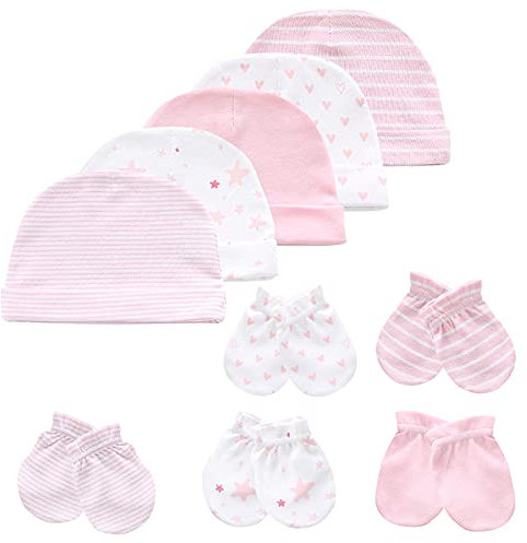 Chamie Babymütze und Fäustlinge, Neugeborenes Set, 5 Mützen und 5 Paar Fäustlinge für Babys, Jungen, Mädchen, 0-6 Monate, 100% Baumwolle, Rosa …