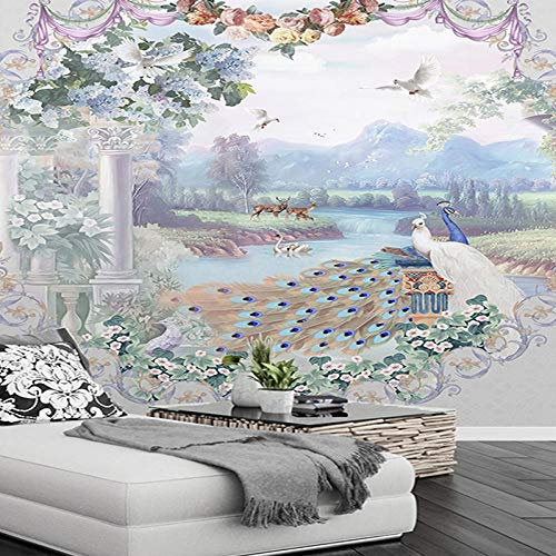 TIANZXS Mural Wallpaper European Style Hand-painted Oil Painting Peacock Beautiful Pastoral Landscape Mural 3D Wallpaper -200X140cm