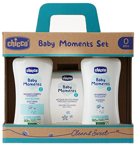 Chicco Baby Moments Set con Bagno Corpo da 200 Ml, Shampoo Senza Lacrime da 200 ml, Acqua di Colonia 100 ml, Idea Regalo, 0 Mesi +