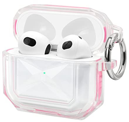 Fingic for AirPods 3 Case,AirPods 3rd Generation Case,Clear Cute Full Body Protective Rugged Shockproof Soft TPU with Keychain Lock for AirPods 3 Charging Case 2021,Front LED Visible,Crystal/Pink