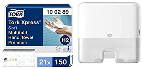Tork Xpress weiche Multifold Papierhandtücher 100289 - H2 Premium Falthandtücher, 2-lagig, weiß & Xpress Mini Spender für Multifold Papierhandtücher 552100, Kompakter H2 Handtuchspender, weiß