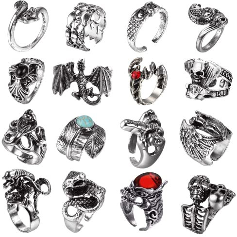 JeryWe 16 Stück Vintage Punk Ringe für Frauen Männer Gothic Ringe Schlange Drache Eule Totenkopf Ringe Hippie Biker Ringe Einstellbare Ringe Set