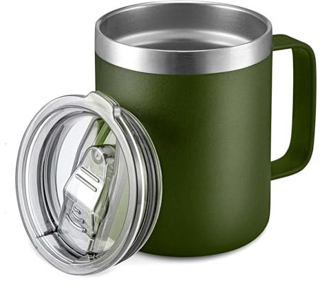 Camako Stainless Steel Insulated Coffee Mug With Handle and Lid - Double Wall Thermal Cup for Cold & Hot Drinks (Olive Green, 0.35L)