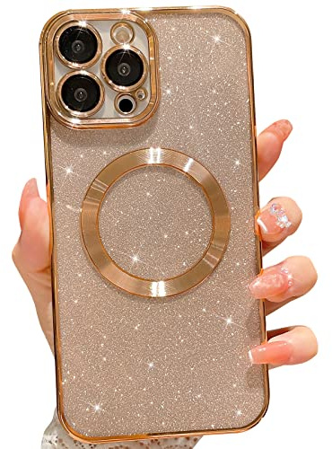 MGQILING Compatible with iPhone 12 Pro Max Magnetic Glitter Case, Luxury Plating Cute Bling Clear Phone Case, Compatible with MagSafe for Women Girls with Camera Protector Back Cover - Gold