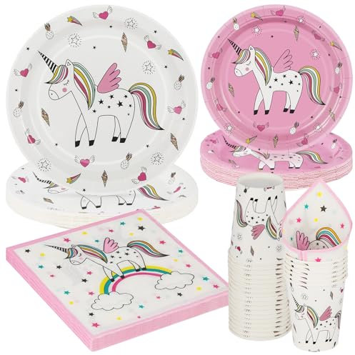 PARTY GO Lot de 96 couverts jetables en carton avec assiettes, gobelets et serviettes en papier Motif licorne Blanc