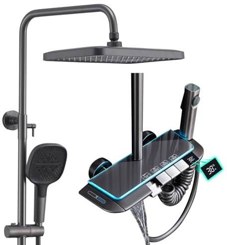 Colonne de Douche Thermostatique Gris, Réglable Hauteur Système de Douche, éclairage d'ambiance LED, Ensemble de Douche avec Bec de Baignoire Cascade, Douchette et 34.9x22CM Pommeau de Douche
