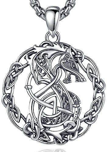 INFUSEU Wikinger Keltischer Wolf Kette, Odin Wolf Anhänger Herren Halskette Edelstahl Nordischen Mythologie Amulett Vegvisir Rune Keltischer Schmuck Geschenk