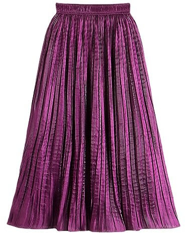 Gonne A Ruota,Gonna A Pieghe Retro Lucida da Donna Fucsia Gonna Midi Elastica A Vita Alta Estate Elegante A-Line Swing Increspato Flowy Tinta Unita Gonne Lunghe per Ragazze Signore,S