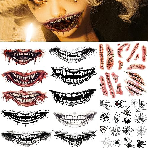 GoldRock Halloween Gesichtstattoo Set - 14 Blatt Mund Aufkleber, Kostüm Damen, Narben Klebe, Spinne Fake, Temporäre Tattoos für Erwachsene