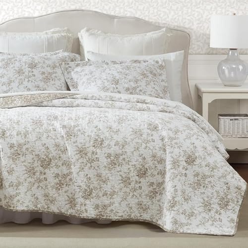 Laura Ashley - King Quilt Set, Reversible Floral Cotton Bedding with Matching Shams, Home Decor for All Seasons (Walled Garden Brown, King)