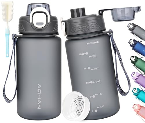 AOHAN Botella de agua de 600 ml, sin BPA, apta para deportes, con ácido carbónico, a prueba de fugas, botella deportiva motivadora con filtro para bicicleta, fitness, senderismo y escuela