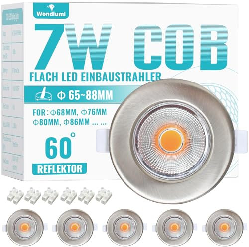Wondlumi 6er LED Einbaustrahler 7W Set Spots Deckenleuchte Flach 33mm LED Spots 230V Rund Gebürstet Edelstahl Einbauleuchten 2700K Warmweiß 600LM für Küche