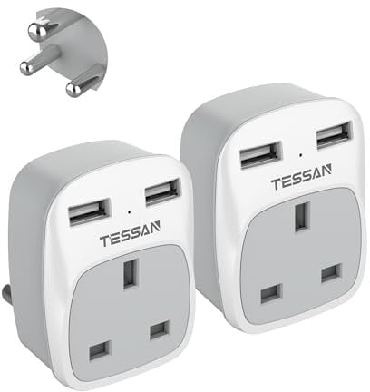 UK to South Africa Plug Adapter 2 Pack, TESSAN 3 in 1 Travel Adapter with 2 USB(1 USB C), South Africa Travel Plug for Namibia, Swaziland (Type M)