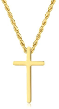 GAVU Collana con Ciondolo Croce in Acciaio Inossidabile Placcato Oro 18k, Collana da Uomo Croce Piccola 55cm