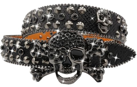 EVERBLTING Y2K Totenkopf-Gürtel mit Strasssteinen für Herren und Damen, Nieten, Punk, Totenkopf-Gürtel, stylischer Strass-Cowgirl-Gürtel, Schwarz, 125: fits waist from 38-42