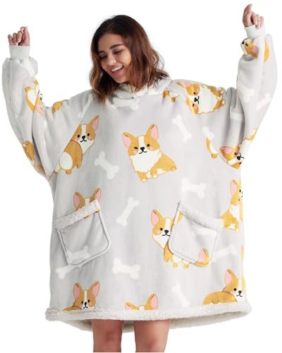 BEDSURE Hoodie Decke mit Ärmeln und Kapuze - Kuscheldecke mit Ärmeln Sherpa Kuschelpullover Damen als Geschenke für Frauen, Corgi, 95x83cm