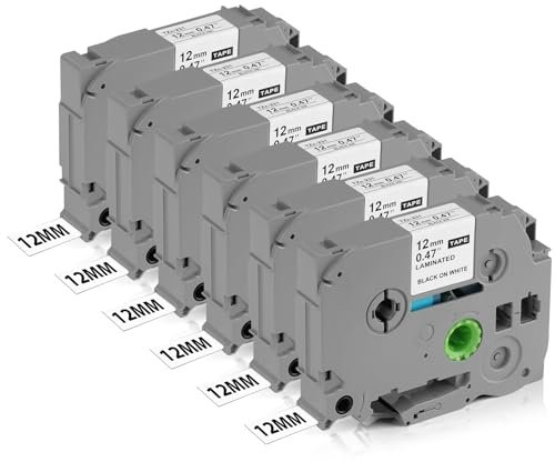 OFFCUP Schriftband für Kompatibel für Brother Etikettendrucker, 6 Stück 12mm x 8m Schriftbänder Ersatz für Brother PT-E100、PT-E200、PT-D210、PT-H100、PT-P300BT、PT-1010、PT-1090、PT-110CH、PT-1230PC usw