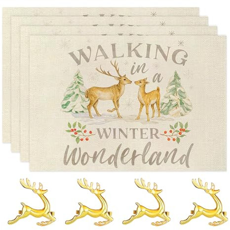 Platzset Weihnachten, Leinen Tischsets Platzdeckchen, Tischläufer Winter Weihnachtstischdecke, Weihnachtsdeko Tischdeko, für Esstisch Küche Party Winter Deko, Abwaschbar, 45x 30cm