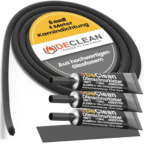 DeClean 4m Kamindichtung – Hitzebeständige Ofenschnur 6mm, Kaminabdichtung und Ofendichtung als Dichtungsset für Ofen, Pelletofen oder Kamin