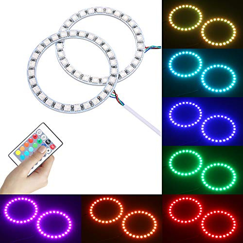 HUIOP Luz LED para coche con forma de ojos de ángel,DC12V 10W 2 × 80MM RGB Multi-color LED Ojos de ángel Anillo de halo SMD5050 con Control remoto Brillo Regulable regulable 16 Colores Cambio de