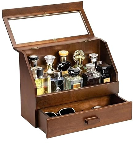 Emfogoo Parfümaufbewahrung aus Holz, große Kapazität, Parfüm-Organizer mit Schublade für Parfums, Kosmetik & Schmuck, hochwertige Aufbewahrungsbox für Männer und Frauen (Nussbaum-Stil)