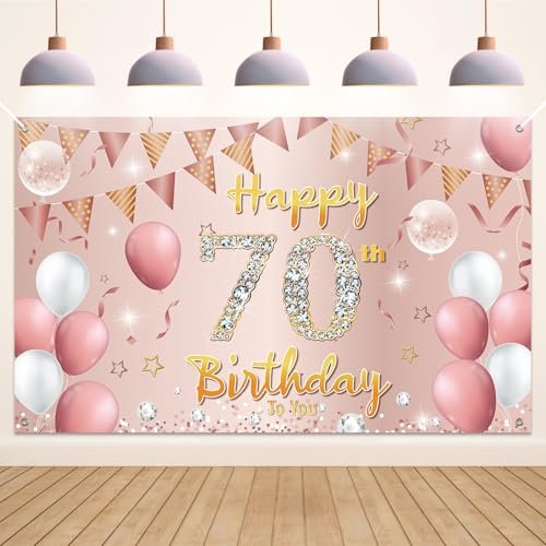 Koliphy 70. Geburtstag Banner, 70. Geburtstagsdeko für Mann Frau, Happy Birthday Banner Stoff Deko Geburtstagsbanner Hintergrund Party Dekoration Drinnen und Draußen (Rose Gold)