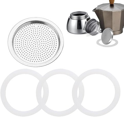 4 PCS Espresso Maker Seal Replacement Washer and Filters Silicone Compatible with Espresso Moka Pots (1 Metal Filter and 3 Silicone Gasket Seals)