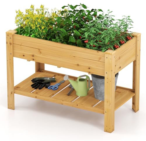 HOMASIS Fioriera Rialzata da Esterno in Legno di Abete, Orto Rialzato con Fori di Drenaggio, Letto da Giardino per Piante, Fiori, Erbe (Giallo, 120 x 60 x 82)