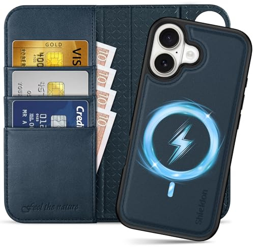 SHIELDON Abnehmbare Lederhülle für iPhone 17 6,3 5G, Marineblau | 2 IN 1 Handyhülle, Echtleder, Kabelloses Laden, RFID Blocker, Kartenfach, Magnetverschluss, Handy-Ösen