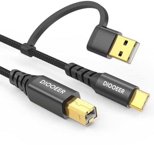 DIOOEER Cavo per stampante 2 in 1 da USB B a USB C/A, 3 m, cavo MIDI intrecciato in nylon ad alta velocità, compatibile con HP/Dell/Brother/Epson/pianoforte, computer, MacBook Pro/Air, iPad e altro