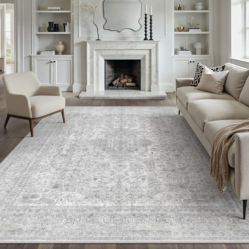 PureCozy Teppich Wohnzimmer 200x300cm Waschbarer Vintage Grau Wohnzimmerteppich kurzflor rutschfest Weich Groß Retro Carpet für Schlafzimmer Esszimmer Bedroom Büro Living Room
