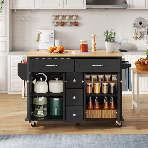 Juabett Küchenwagen auf Rollen, Moviable Kücheninsel mit klappbarer Arbeitsplatte,140x40(65x89cm,Schwarz Sevicewagan Esswagen Schubladen,Gewürzregal & Handtuchhalter für Küche Esszimmer Wohnzimmer