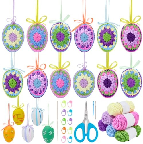 WEBEEDY 12 Set DIY Oster Häkel Ei Kit Für Erwachsene Anfänger Oster Ei Ornamente Häkel Starter Kits Mit Anleitung 6 Farben Garne Werkzeuge Eieranhänger Handgemachtes Geschenk