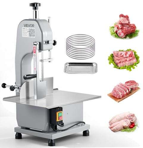 VEVOR Scie à Os de Boucher Électrique Commerciale, Scie à Ruban pour Os Viandes 1500 W, pour Viande Congelée Porc Côtes Boucherie, Établi 315x460 mm, Épaisseur de Coupe 0-110 mm, 7 Lames de Rechange