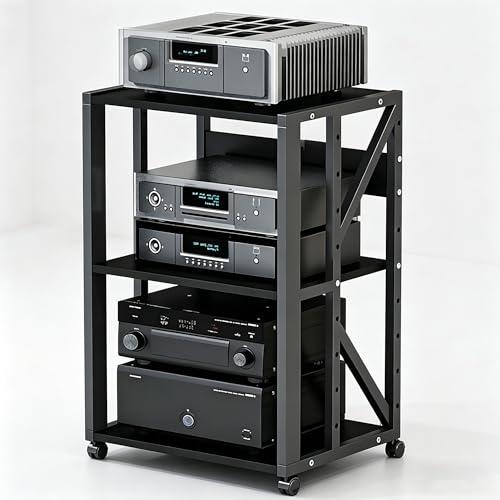 NEHCFO HiFi Rack für Plattenspieler mit Rollen, Audio Rack HiFi Regal 2/3 Ebenen, höhenverstellbar (3 Ebenen), Möbel Metall MDF für Verstärker CD Anlage(3-Layer-B)