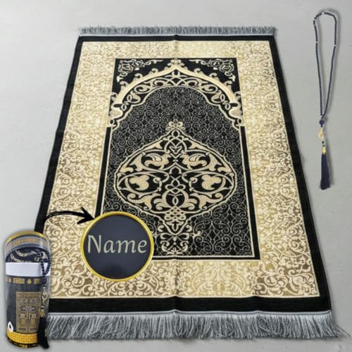 Luminoza Gebetsteppich mit Namen schwarz Islam Geschenkset mit Gebetskette und Designer Dose to go | Muslimische Ramadan | Dekoration Islam | Islamische Geschenke | Prayer mat