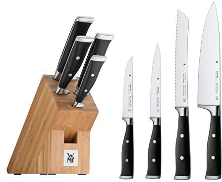 WMF Grand Class Messerblock mit Messerset 5teilig, Made in Germany, 4 Messer geschmiedet, Bambus-Block, Performance Cut
