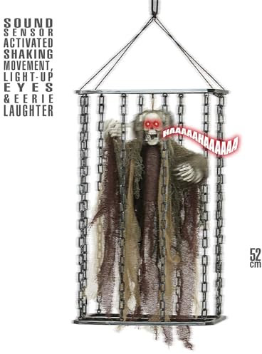 Widmann 04889 - Animierter Grim Reaper im Käfig mit schüttelnden Bewegungen, leuchtenden Augen und schaurigem Lachen, 52 cm