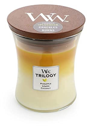 WoodWick mittelgroße Trilogy-Duftkerze im Sanduhrglas mit knisterndem Docht, Café Sweets, bis zu 60 Stunden Brenndauer, Fruits Of Summer, 22.9 x 16 x 11.2 cm