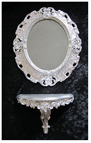 Lnxp Set Silber Wandspiegel + Konsole M OVAL Wandkonsole Barock Antik 44x38 Flur Eingangsmöbel Möbel Konsole Ablage Spiegel 45SET