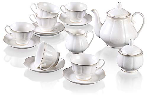 GuangYang 15 Stück Kaffeeservice Porzellan 1 Milchkännchen 1Teekanne 1Zuckerschüssel 6Tasse mit 6 Untertasse Weiß Blumen Design 7OZ/180ml