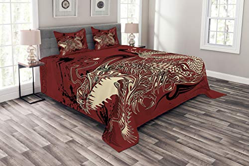 ABAKUHAUS Drachen Tagesdecke Set, Japanische Drachen Doodle, Set mit Kissenbezügen Sommerdecke, für Doppelbetten 264 x 220 cm, Elfenbein Rubin
